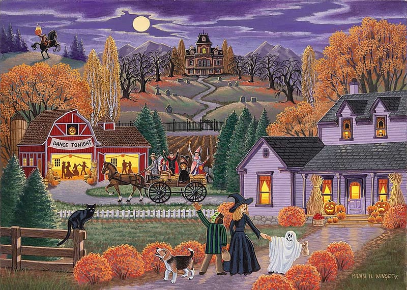 Dance Tonight - Halloween, pumpkins, horse, art, house, autumn, trees, spooky, witch, digital, HD wallpaper