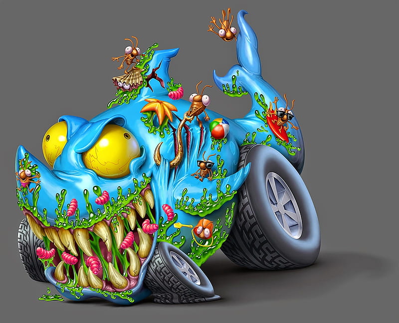 Monster car, worm, yellow, oscar ramos, shark, comic, fantasy, gris, child, humour, blue, HD wallpaper