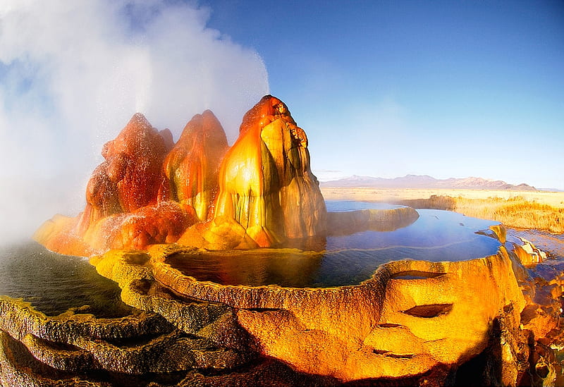 Volcano, rocks, colors, geysir, lake, mountain, water, splendor, beauty, nature, landscape, HD wallpaper