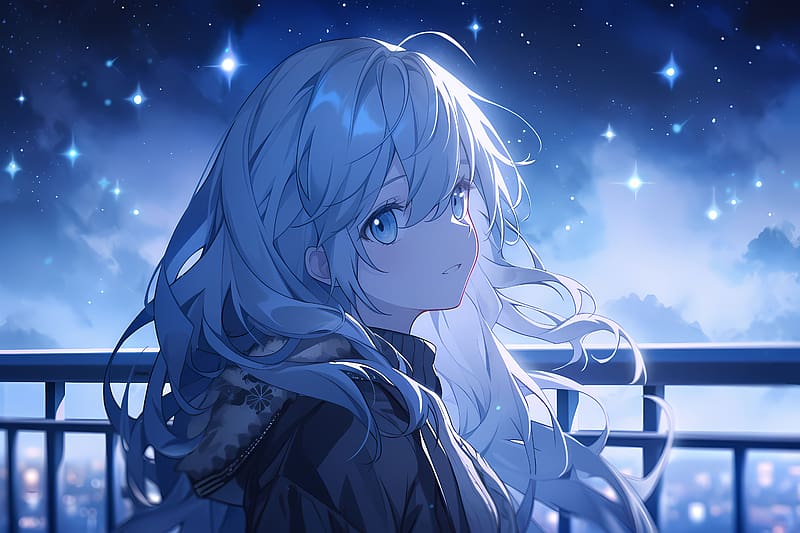 Girl, hair, sky, night, blue, anime, HD wallpaper | Peakpx