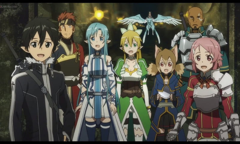 asuna, kirito, silica, lisbeth, pina, and 2 more (sword art online