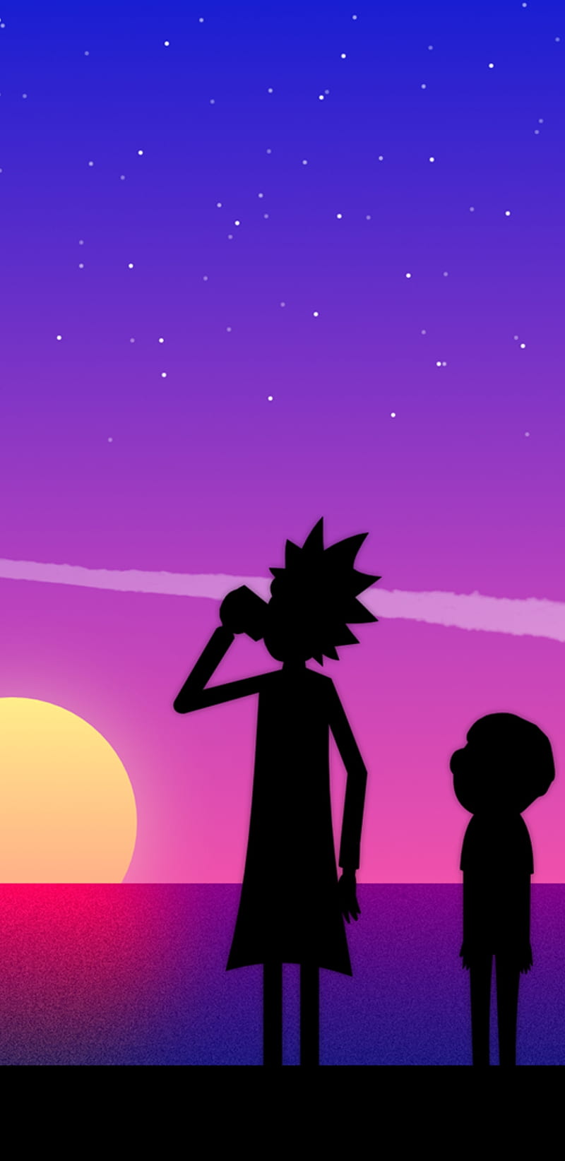 Rick and Morty and, black, blue, morty, red, rick, stars, sun, sunset, HD phone wallpaper