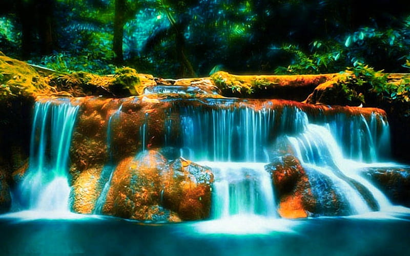 Beautiful waterfalls, forest, water, tress, nature, waterfalls, HD wallpaper