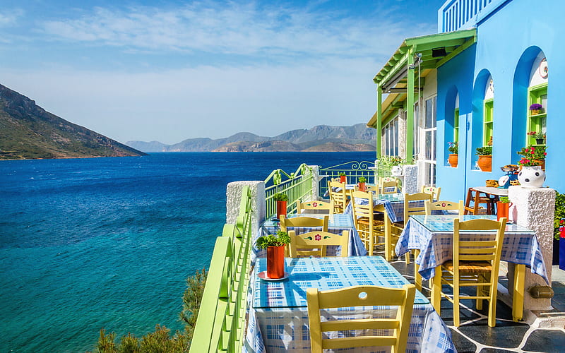 Nicosia cafe, sea, summer, Cyprus, Korcula Island, Europe, HD wallpaper