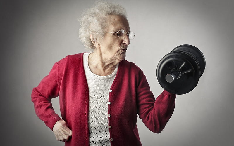 Working the muscles, red, glasses, black, workout, woman, old, fitness, situation, grandmother, funny, dumbbells, HD wallpaper