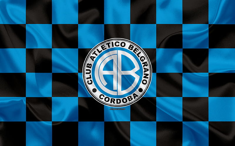 CA Belgrano logo, creative art, blue black checkered flag, Argentinian football club, Argentine Superleague, Primera Division, emblem, silk texture, Cordoba, Argentina, football, Club Atletico Belgrano, HD wallpaper