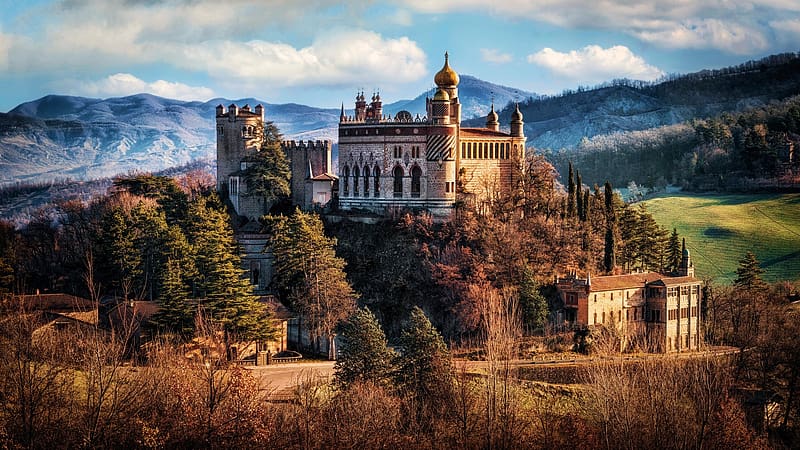 Rocchetta Mattei Castle, Bologna, Italy, hills, clouds, building, landscape, trees, sky, lake, HD wallpaper