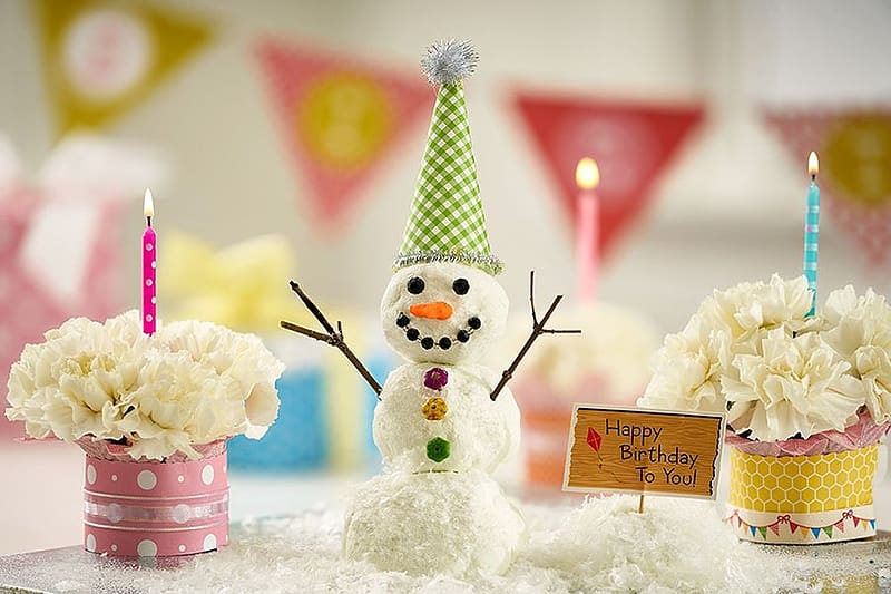 :), party, winter, snowman, candle, iarna, flower, birtay, card, hat, HD wallpaper