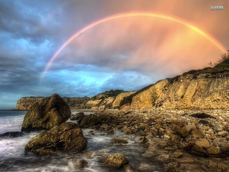 rainbow on the coastline, oceans, rainbow, coast, line, HD wallpaper