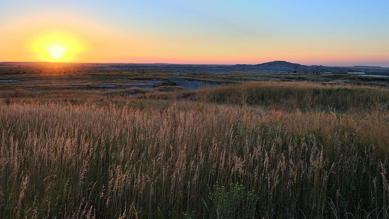 gorgeous plain in south dakota at sunset, sunset, river, plains, grass, HD wallpaper