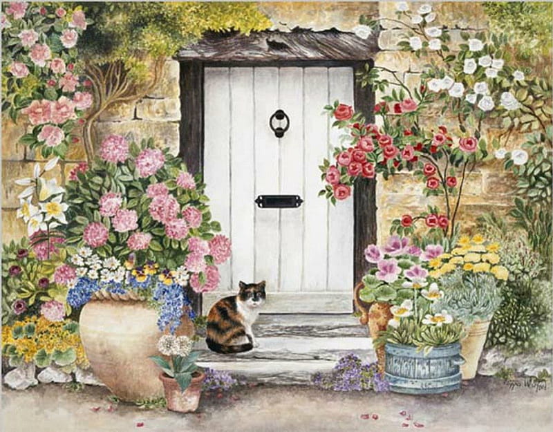 FLORAL DOORWAY, houses, homes, artwork, doors, paintings, plants, blossoms, flowers, gardens, blooms, cats, HD wallpaper