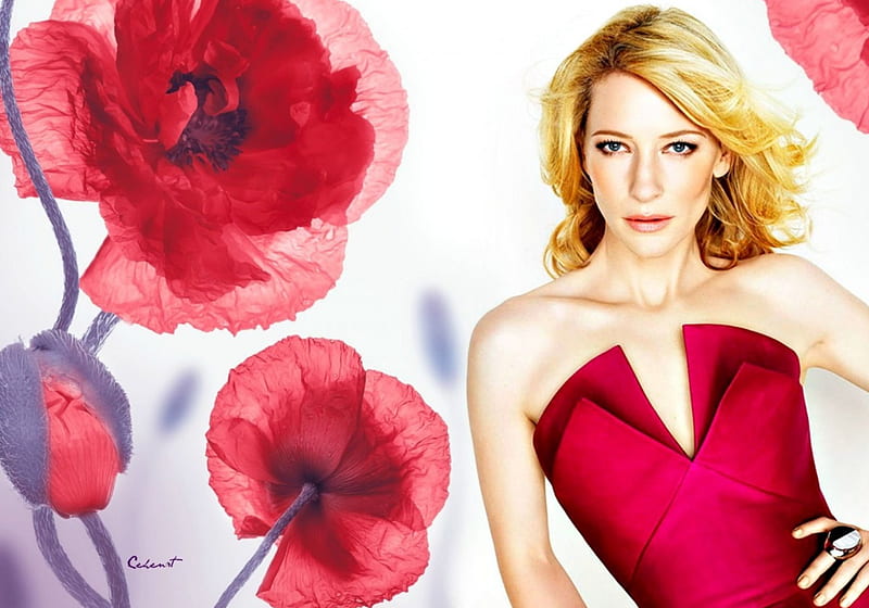 Cate Blanchett, red, poppy, blonde, by cehenot, woman, girl, actress, flower, white, pink, HD wallpaper