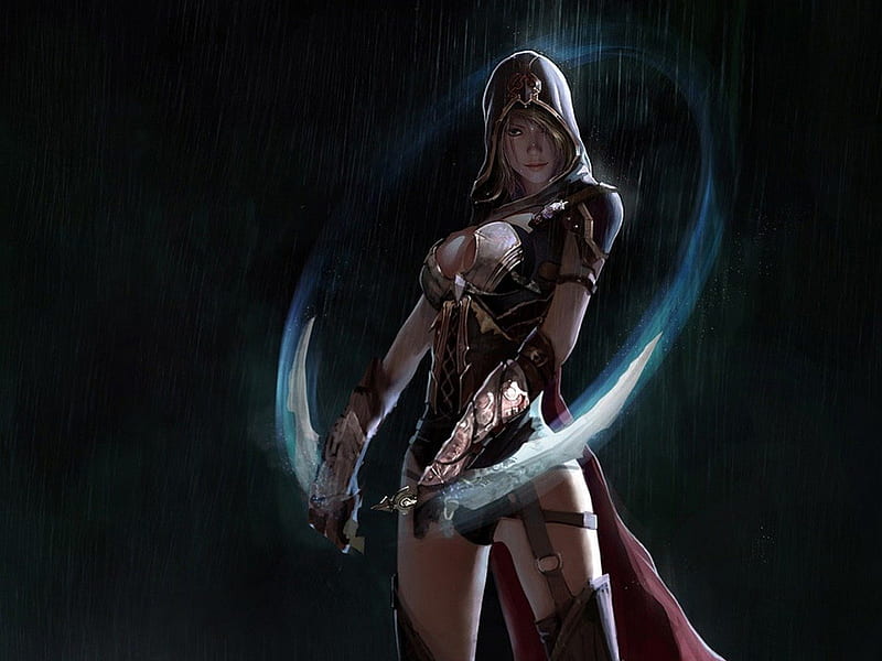 Warrior Dagger, female, blonde hair, sexy, armor, big breasts, breasts, fantasy, cool, cape, dark, hot, rain, dagger, night, HD wallpaper