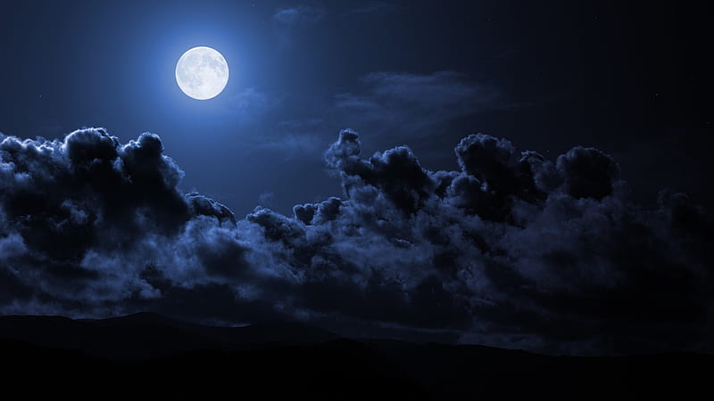 MIDNIGHT MOON, moon, dark, midnight, clouds, sky, blue, HD wallpaper