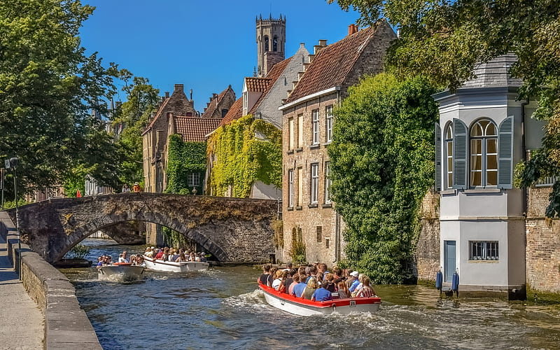 Bruges, Belgium, canal, houses, Belgium, boats, bridge, Bruges, HD wallpaper