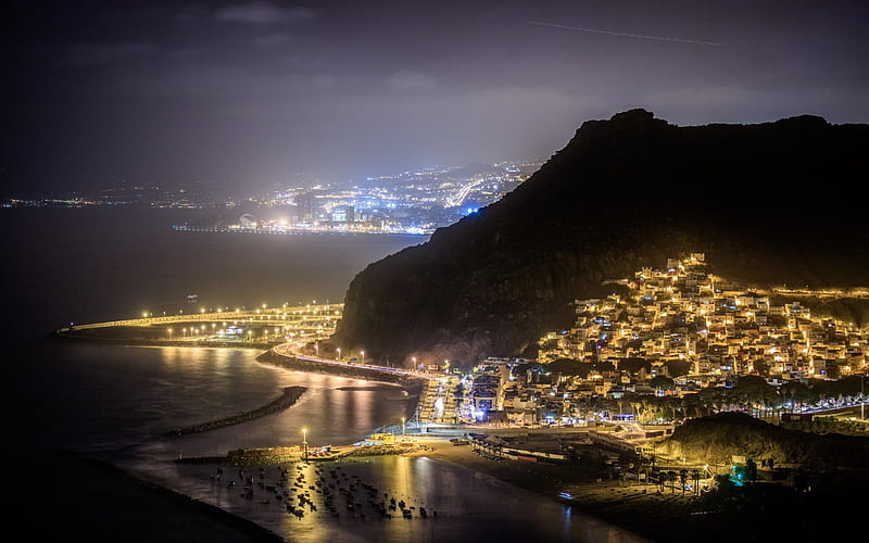 Tenerife, Canary Islands, Teide mountain, night, city lights, coast, North-Atlantic Ocean, Spain, HD wallpaper