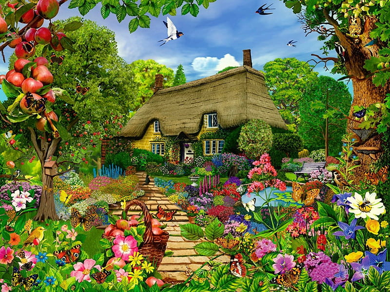 Summer in countryside, pretty, colorful, house, lovely, cottage, apples, fruits, bonito, butterflies, spring, countryside, summer, flowers, village, HD wallpaper