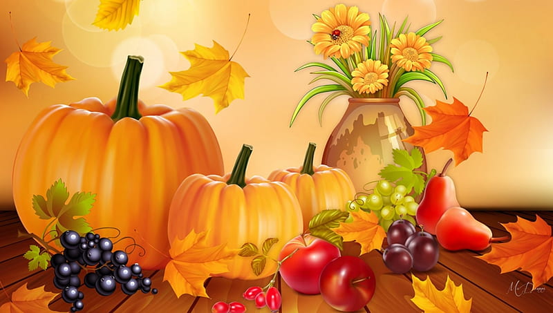 Bounty of Fall, autumn, apples, gourds, grapes, ladybug, pears, leaves, bokeh, bouquet, flowers, plums, pumpkins, HD wallpaper