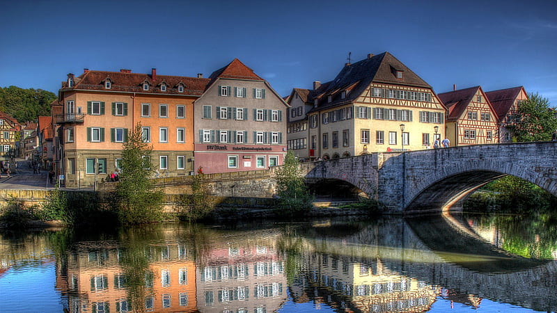 schwäbisch hall bridge in germany r, bridge, town, river, r, reflection, HD wallpaper