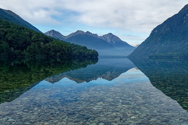 mountains, lake, trees, reflection, stones, HD wallpaper