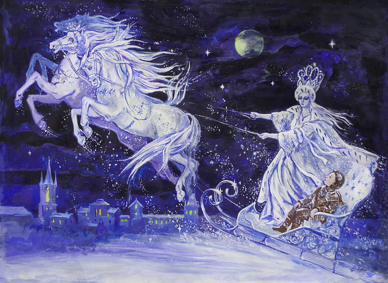 Snow Queen, boy, white, horses, carries, HD wallpaper