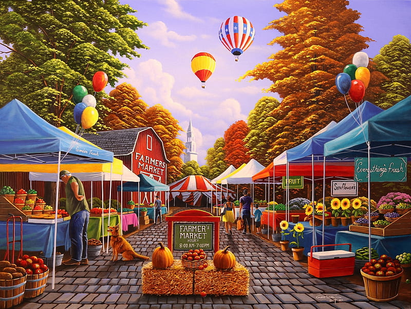 Farmer's Market, pumpkins, artwork, dog, fruits, market stalls, trees, barn, sunflowers, people, balloons, painting, vegetables, HD wallpaper