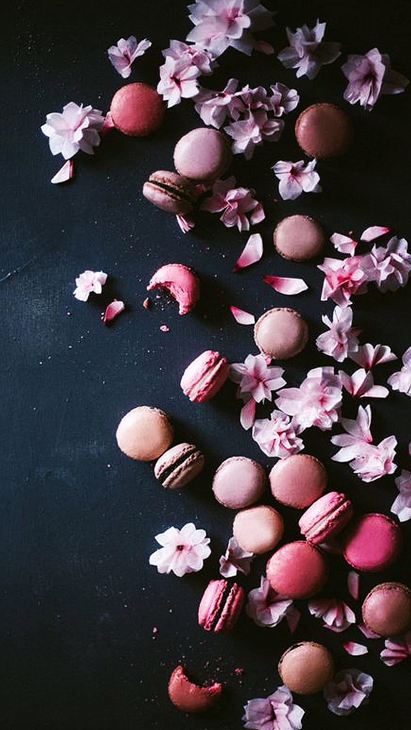 Macaron, black, cooky, flower, food, pink, HD phone wallpaper