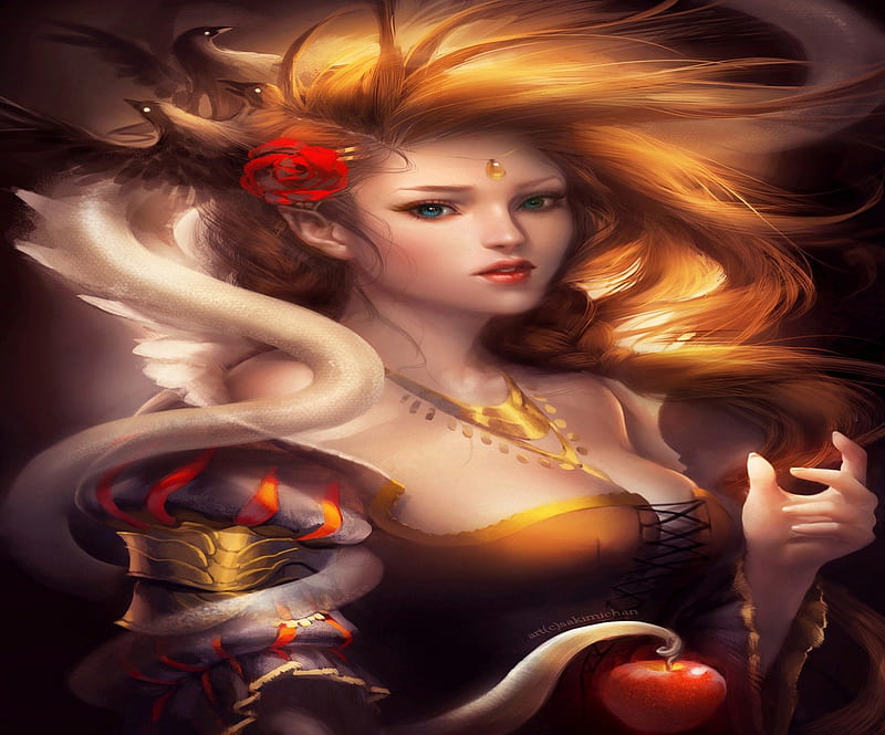 Snow White, apple, necklace, rose, sakimichan, blonde hair, sexy, lipstick, jewelry, snow white and the huntsman, fantasy, cool, bird, hot, HD wallpaper