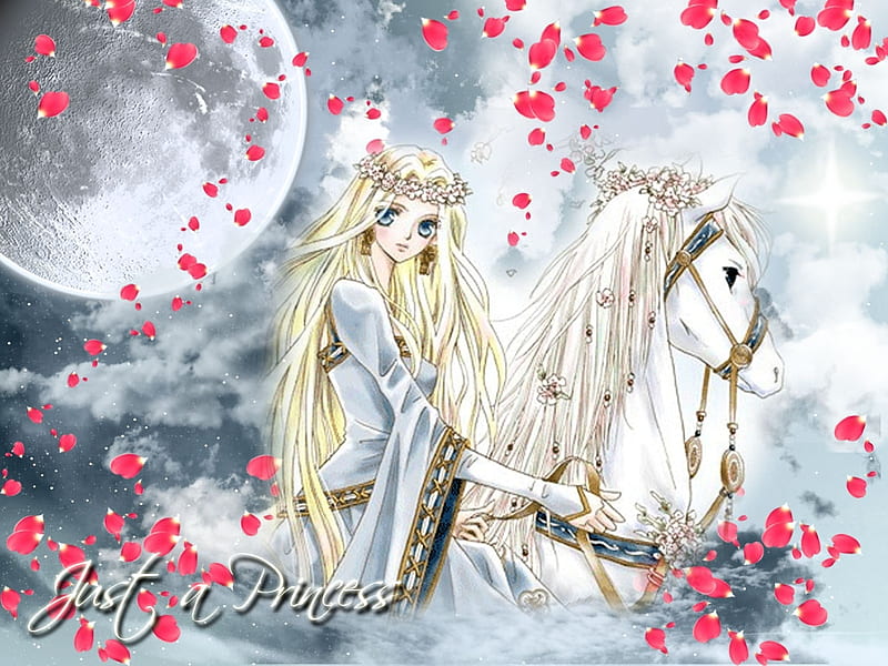 Princess, rose petals, moon, anime, horse, HD wallpaper
