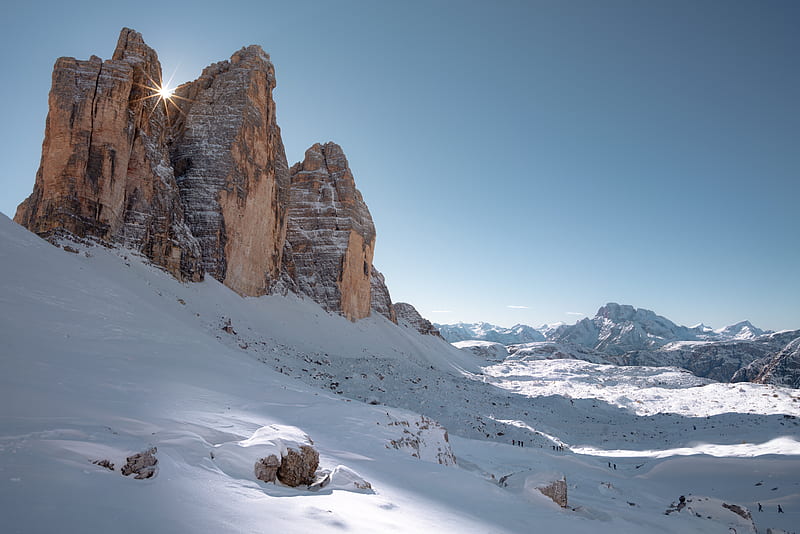Three Peaks Of Lavaredo, rocks, Mountain, sand, snow, HD wallpaper