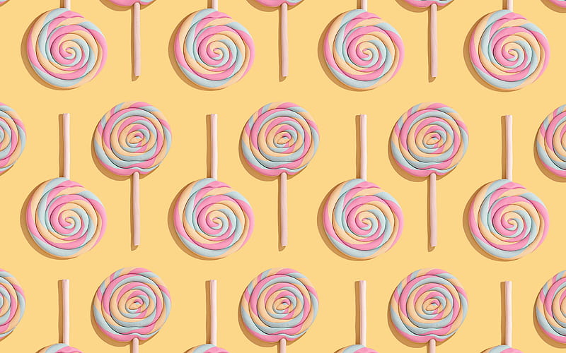 texture with candy, texture with lollipops, pink yellow lollipops, yellow background with sweets, lollipops, food texture, HD wallpaper