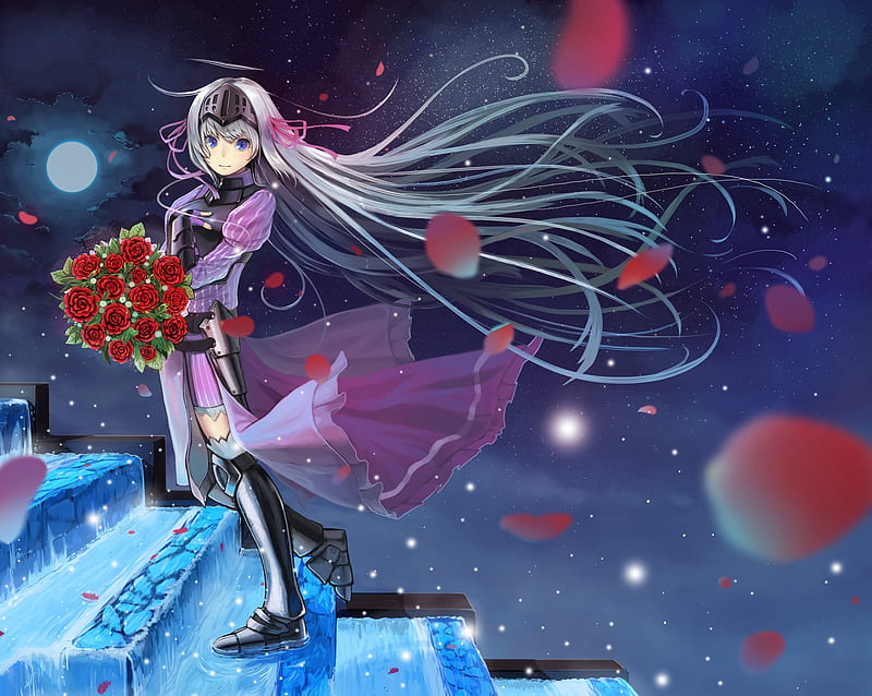 Eucliwood Hellscythe, necromancer, kore wa zombie desu, roses, armor, fantasy, moon, girl, anime, silver hair, blue eyes, HD wallpaper