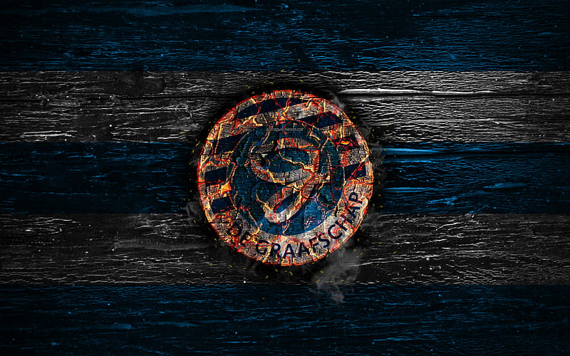 Graafschap FC, fire logo, Eredivisie, blue and white lines, dutch football club, grunge, football, soccer, logo, BV De Graafschap, wooden texture, Holland, Netherlands, HD wallpaper