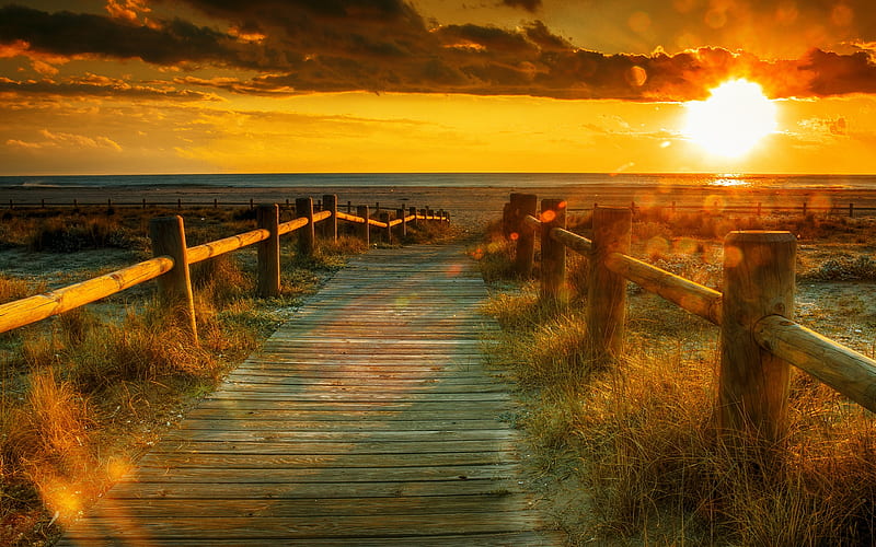 Path to the Beach, sun, colors, r, sunset, clouds, sky, HD wallpaper