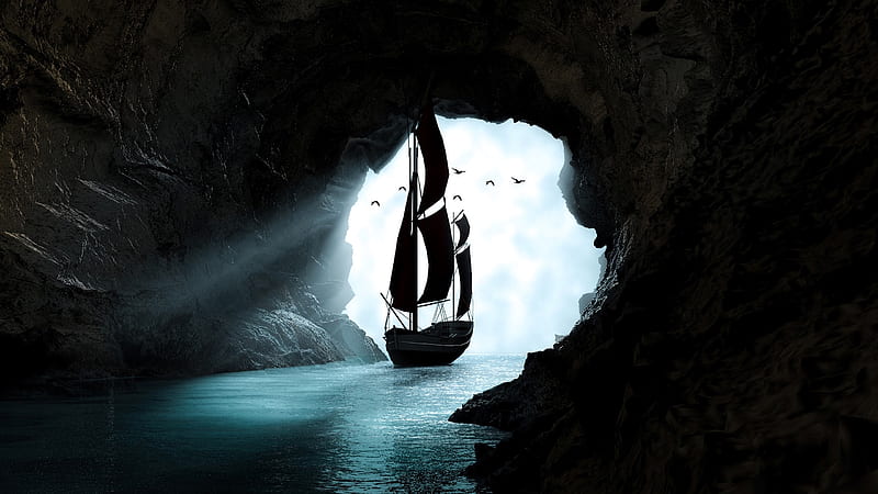 :), water, boat, fantasy, dinar omarov, black, white, sea, cave, HD wallpaper