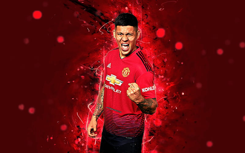 Marcos Rojo season 2018-2019, footballers, Manchester United, neon lights, Premier League, red, soccer, fan art, football, Man United, HD wallpaper
