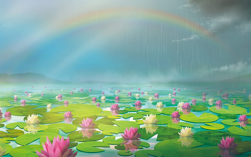 Rainbow, rain, pink, world, frumusete, lotus, luminos, water lily, fantasy, vara, green, flower, summer, HD wallpaper