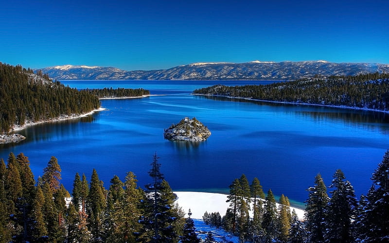 Emerald Bay, Lake Tahoe, snow, tahoe, emerald, trees, bay, lake, blue, winter, HD wallpaper