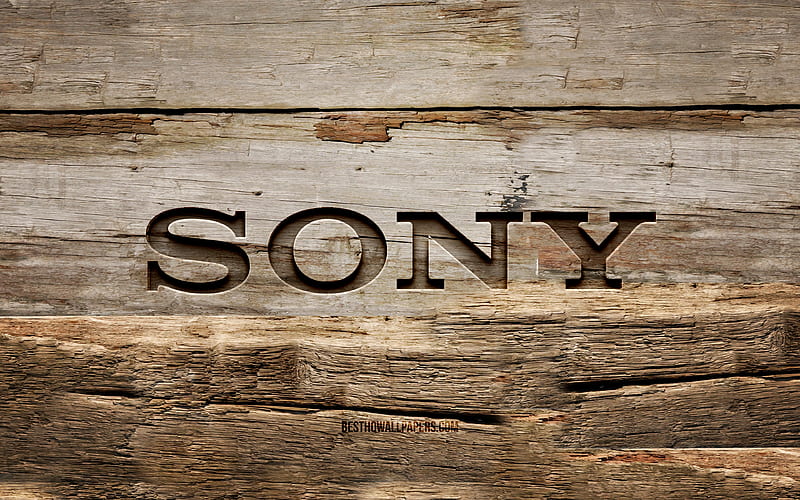 Sony wooden logo, , wooden backgrounds, brands, Sony logo, creative, wood carving, Sony, HD wallpaper