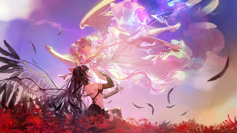 Madoka Magica, red, wings, angel, manga, girl, anime, ibaraki, flower, pink, couple, HD wallpaper