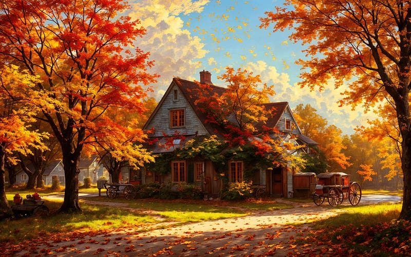 Beautiful autumn countryside, peaceful, foliage, house, sunny, trees, beautiful, colors, leaves, village, fall, autumn, cottages, HD wallpaper Beautiful autumn countryside, peaceful, foliage, house, sunny, trees, beautiful, colors, leaves, village, fall, autumn, cottages, HD wallpaper