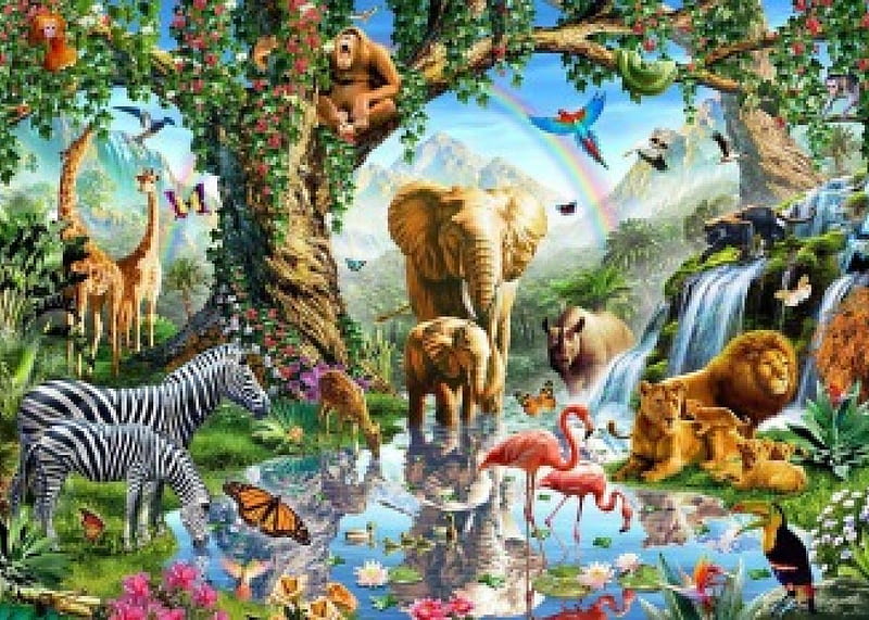 Paradise, tree, waterfall, nature, animals, HD wallpaper | Peakpx
