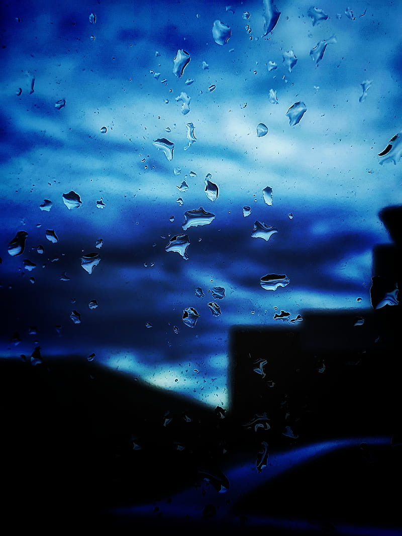 Rain drops, blue, blur, dark, dewdrops, galaxy, mix, nature, planet, HD phone wallpaper