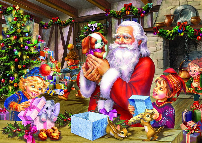 Christmas eve, colorful, magic, eve, love, painting, room, toys, friends, puppy, art, holiday, christmas, decoration, fun, joy, mood, tree, santa, balls, warmth, gifts, HD wallpaper
