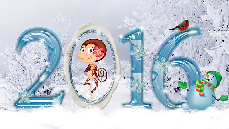 2016 Winter, 2016, monkey, bird, holiday, snow, New Year, snowflakes, winter, HD wallpaper