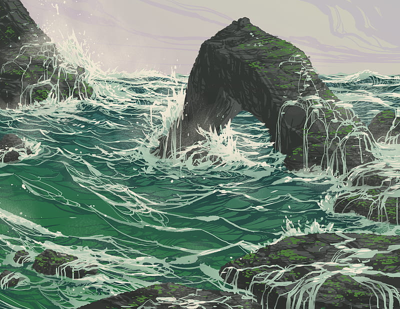 rock, waves, sea, art, vector, HD wallpaper