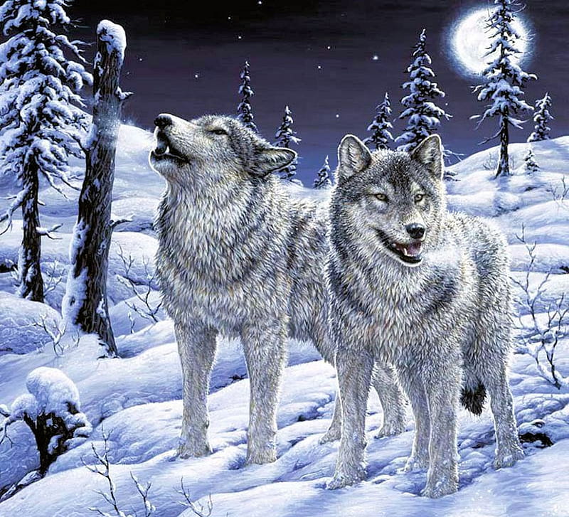 Lunar Calling, snow, wolfpack, trees, wolves, artwork, winter, stars ...