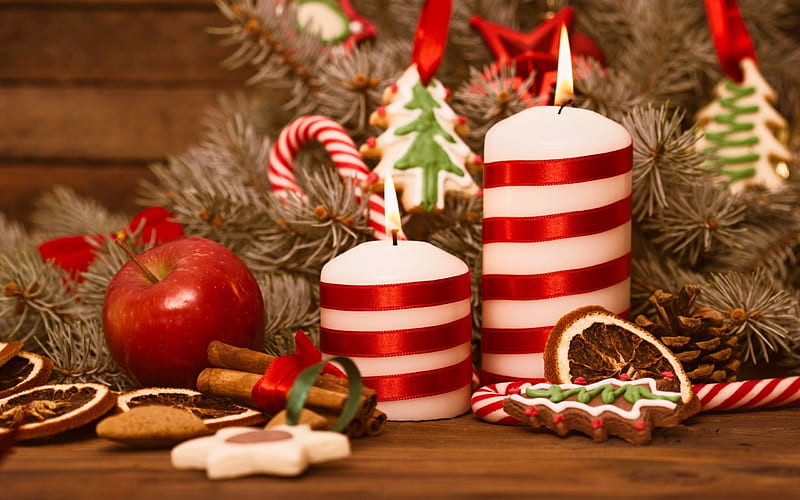 Christmas Treats, christmas, apples, treats, pine tree, candles, HD wallpaper