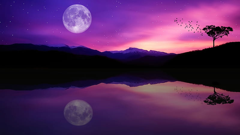 Purple Starry Sky Dusk Full Moon Water Reflection Vaporwave, HD wallpaper