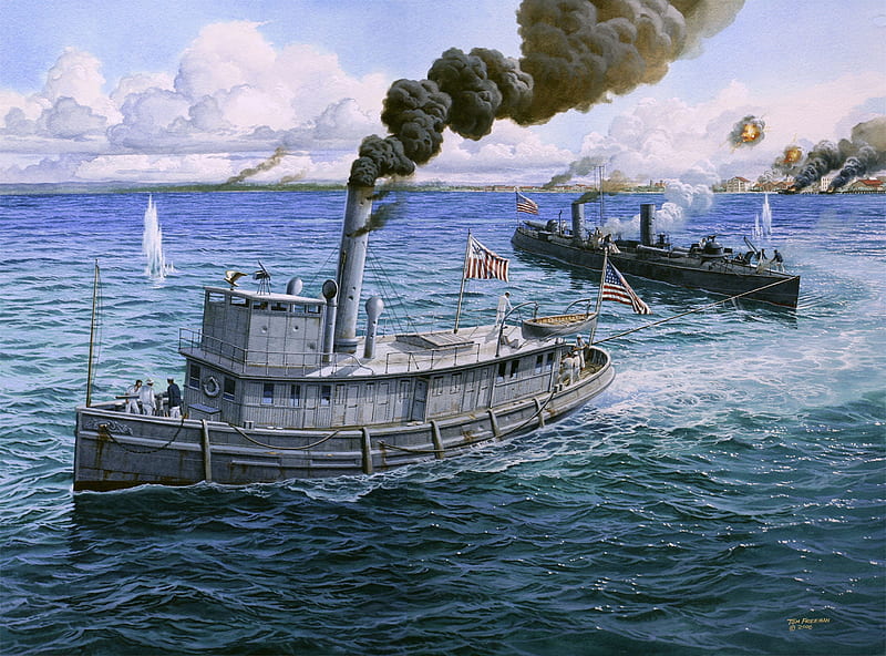 A Tow Home, art, ocean, steam, sea, boat, tugboat, battle, ship, drawing, painting, military, smoke, tug, HD wallpaper